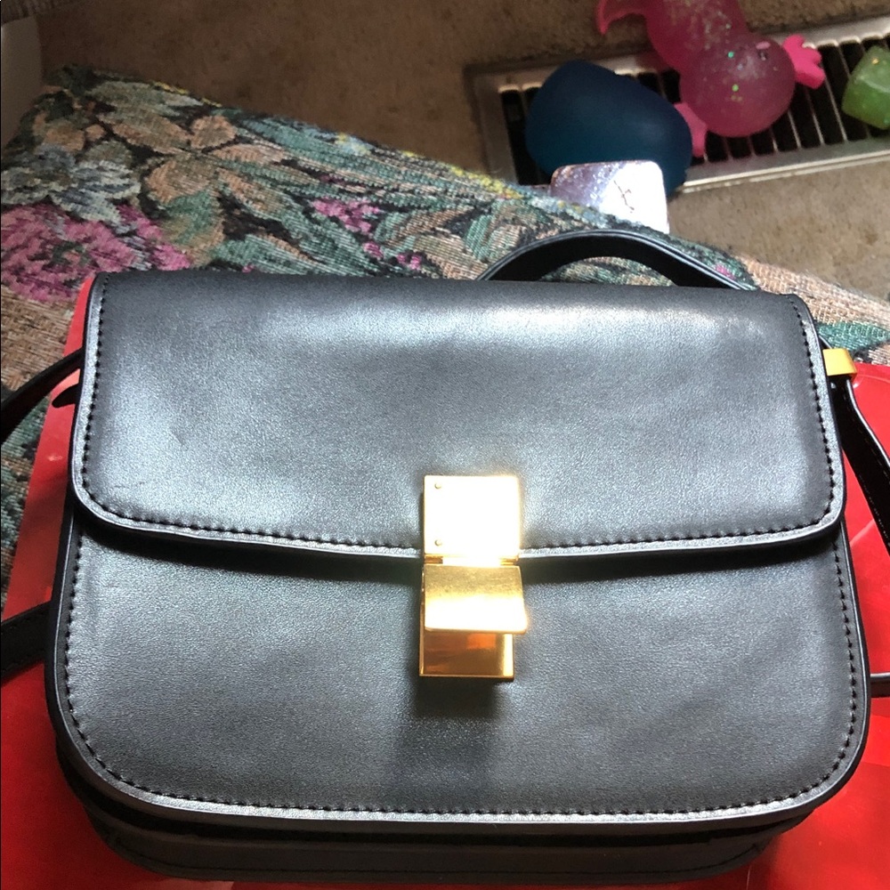 CELINE -Black Leather Crossbody Bag with Gold Accent